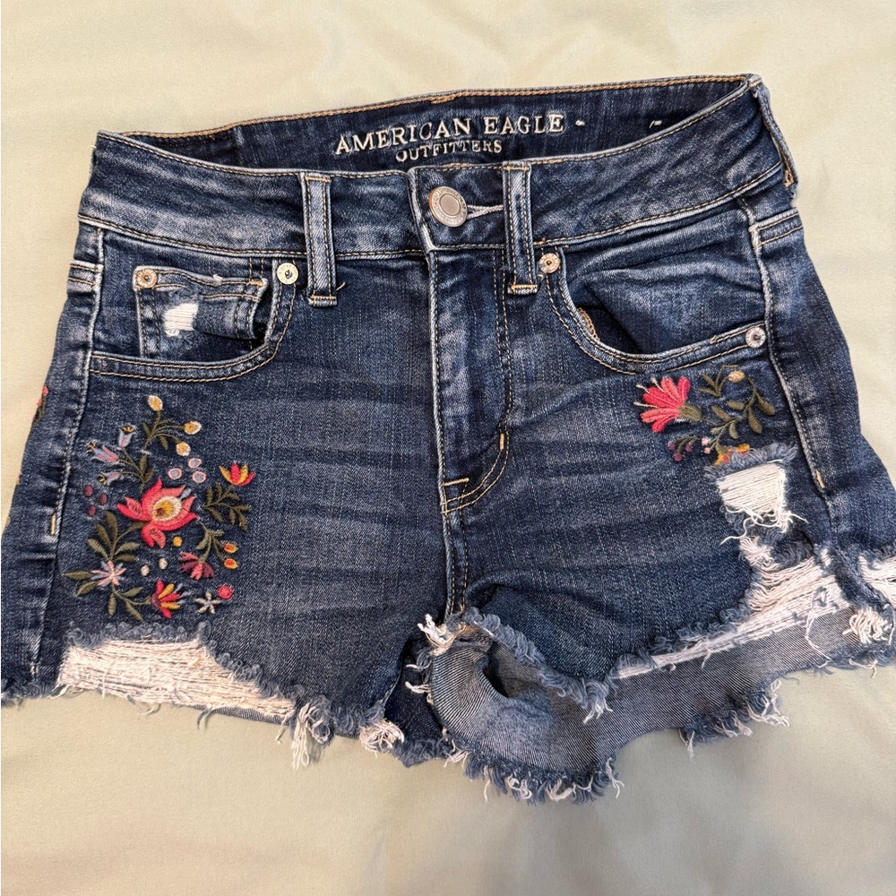 American Eagle Outfitters Floral Embroidered Jean Shorts - Dark Blue